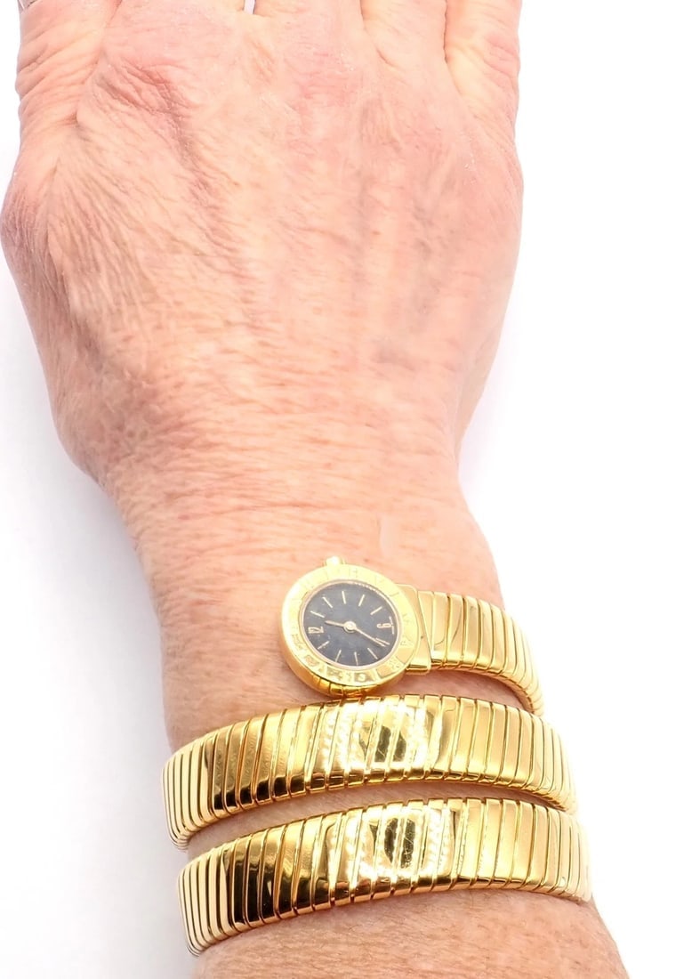 Authentic! Bulgari 18k Yellow Gold Tubogas Serpent Snake Bracelet Watch - 10