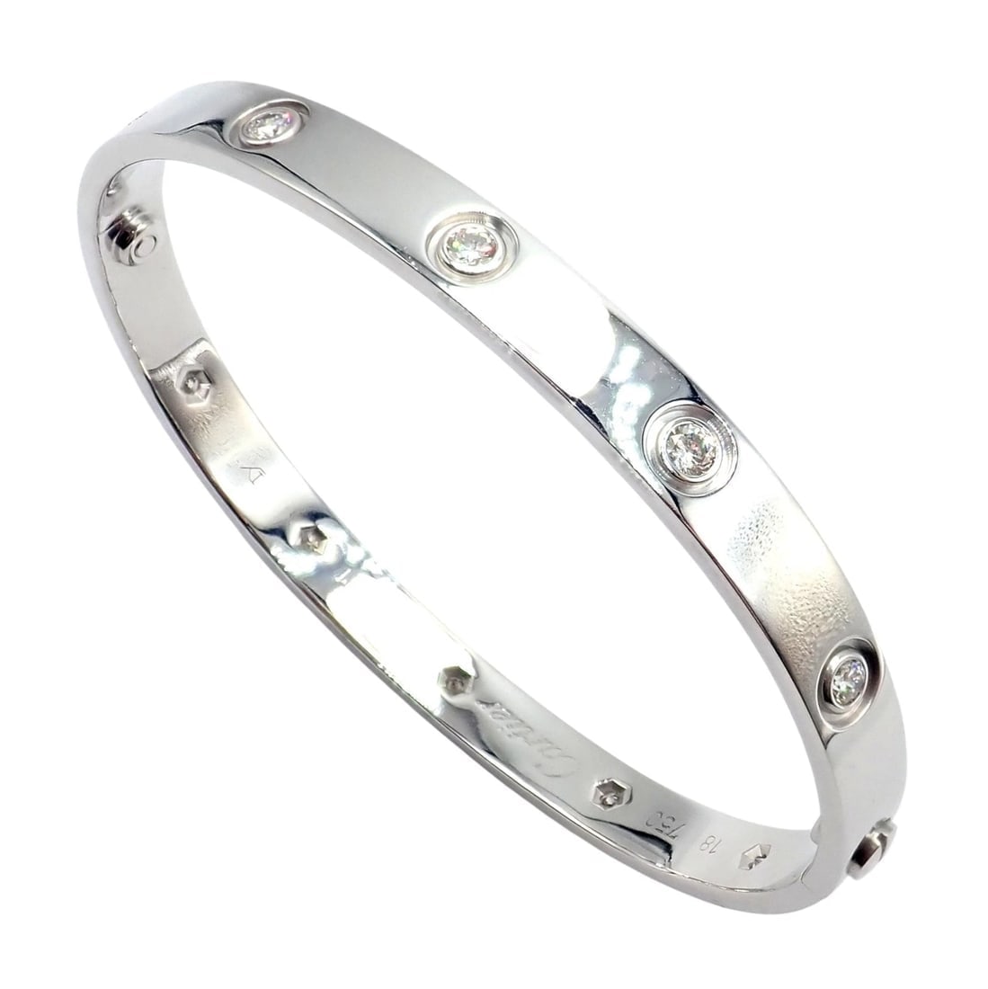 Authentic! Cartier Love 18k White Gold 10 Diamond Bangle Bracelet Sz 18 + Cert - 13
