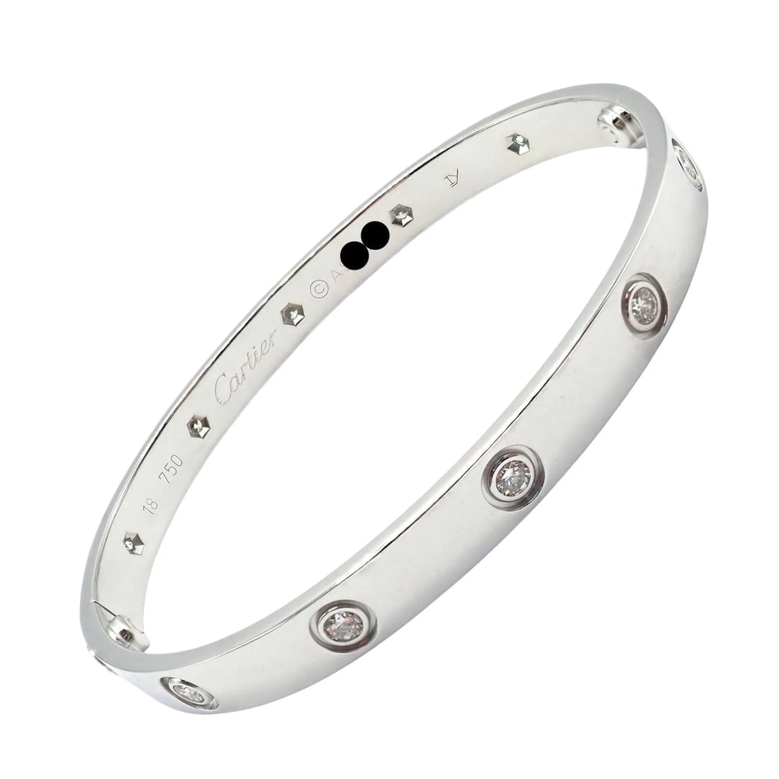Authentic! Cartier Love 18k White Gold 10 Diamond Bangle Bracelet Sz 18 + Cert: Authentic! Cartier Love 18k White Gold 10 Diamond Bangle Bracelet Sz 18 + Cert About This Piece: This authentic Cartier Love Bangle, crafted in 18k white gold, features 10 brilliant-cut diamonds for