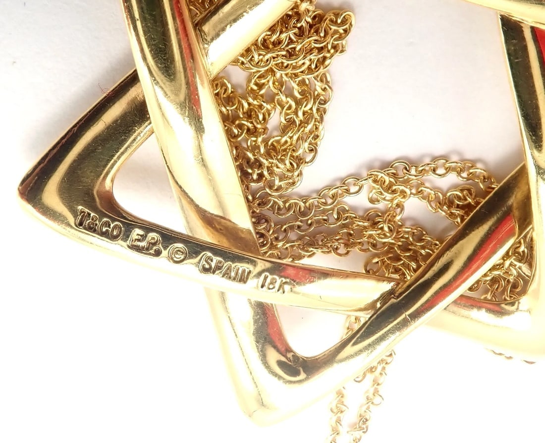 Authentic! Tiffany & Co Peretti 18k Gold Large Star Of David Pendant Necklace - 9
