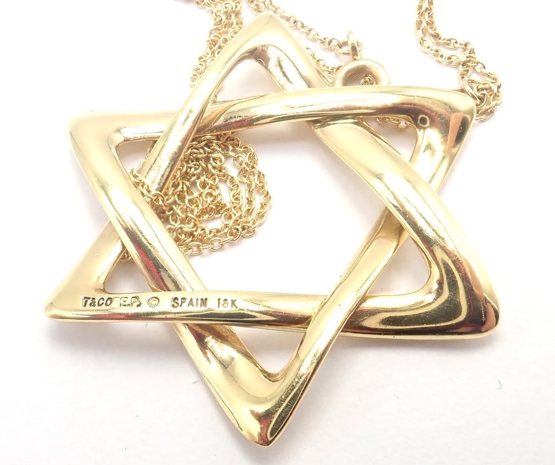 Authentic! Tiffany & Co Peretti 18k Gold Large Star Of David Pendant Necklace - 10