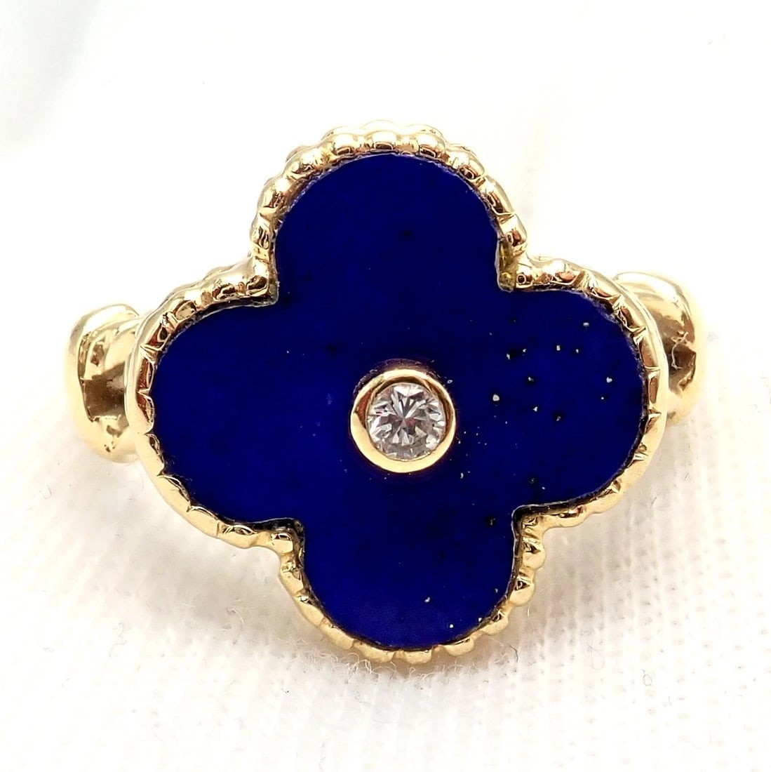 Van Cleef & Arpels Alhambra 18k Yellow Gold Lapis Lazuli Diamond Ring Sz 4 - 9