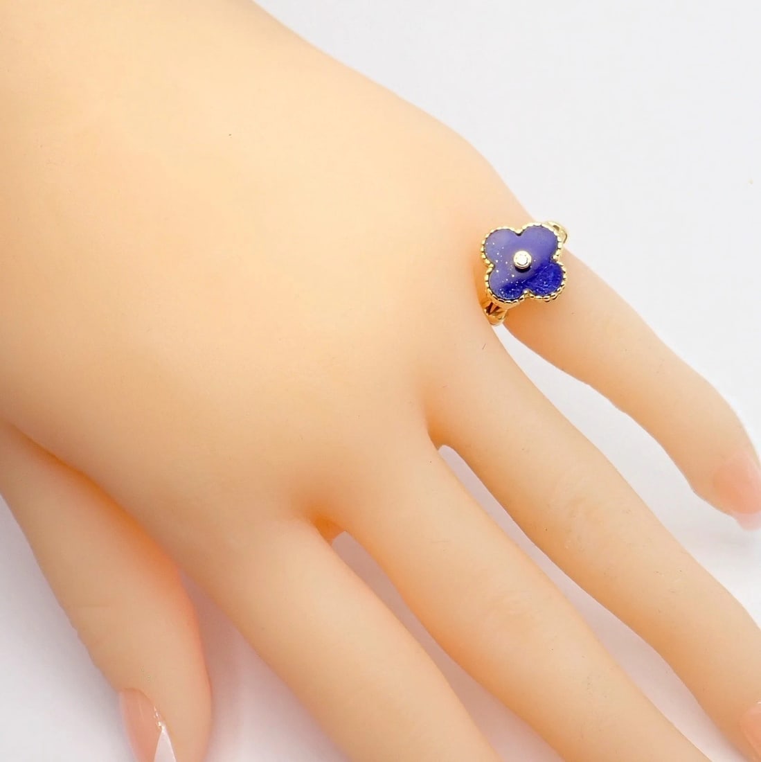 Van Cleef & Arpels Alhambra 18k Yellow Gold Lapis Lazuli Diamond Ring Sz 4 - 11