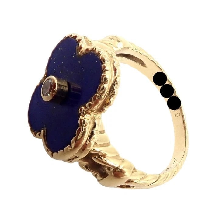 Van Cleef & Arpels Alhambra 18k Yellow Gold Lapis Lazuli Diamond Ring Sz 4 - 12