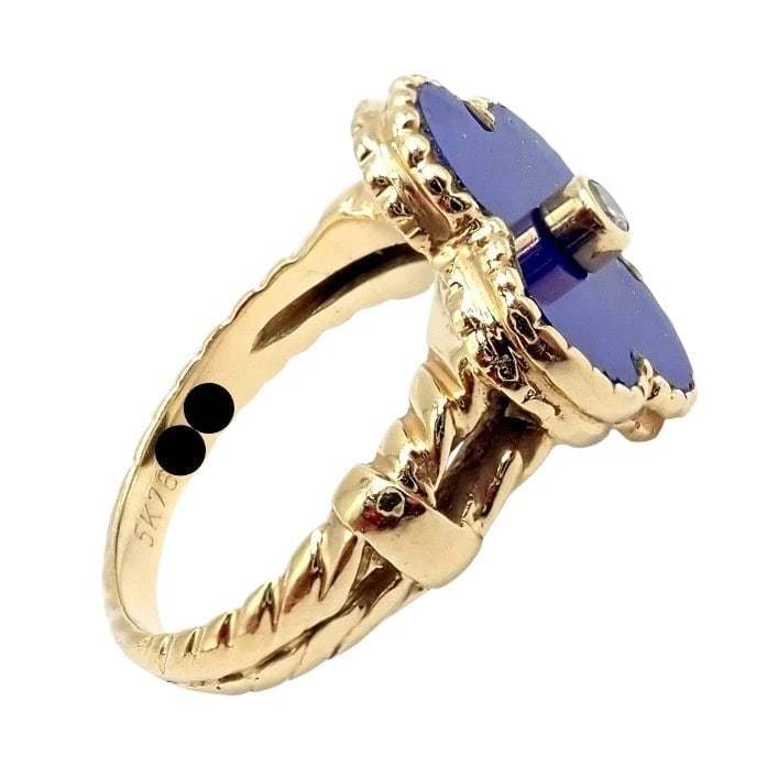 Van Cleef & Arpels Alhambra 18k Yellow Gold Lapis Lazuli Diamond Ring Sz 4 - 13