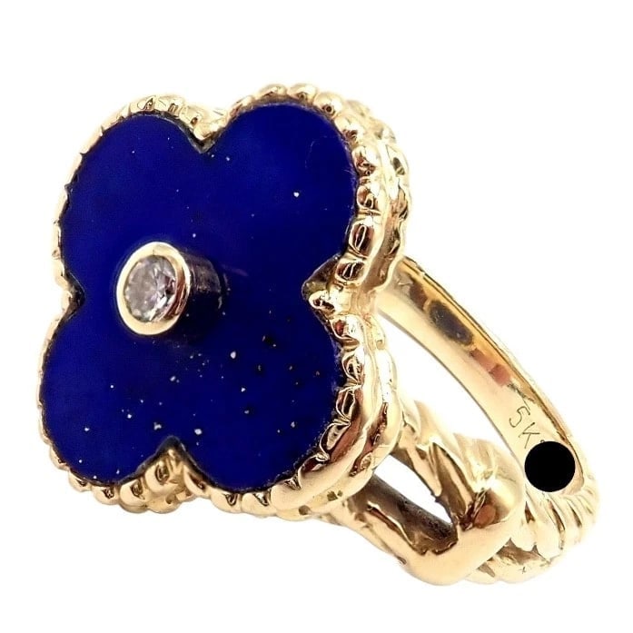 Van Cleef & Arpels Alhambra 18k Yellow Gold Lapis Lazuli Diamond Ring Sz 4 - 14