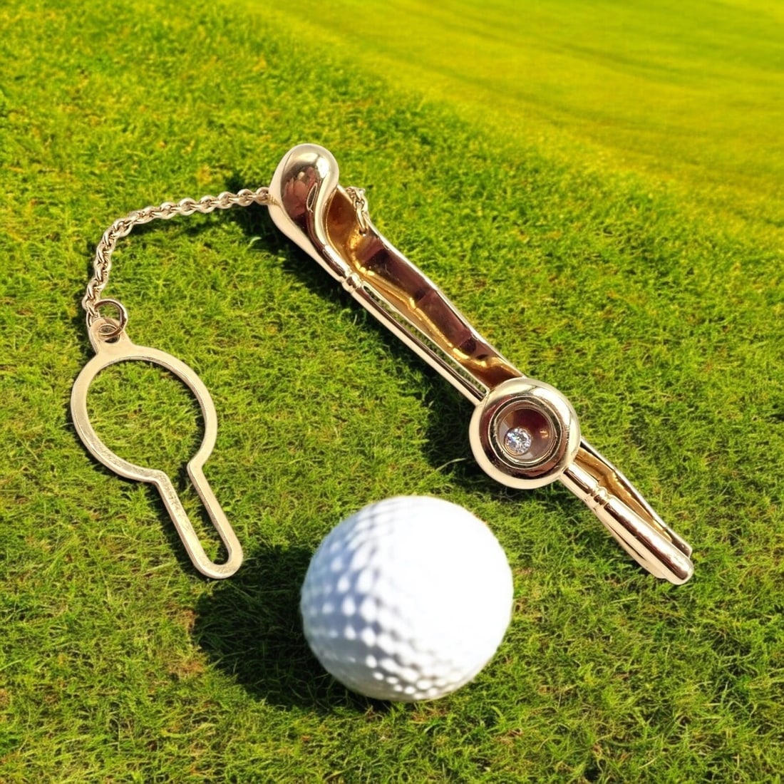 Authentic! Chopard 18k Yellow Gold Happy Diamond Golf Club Tie Clip - 3