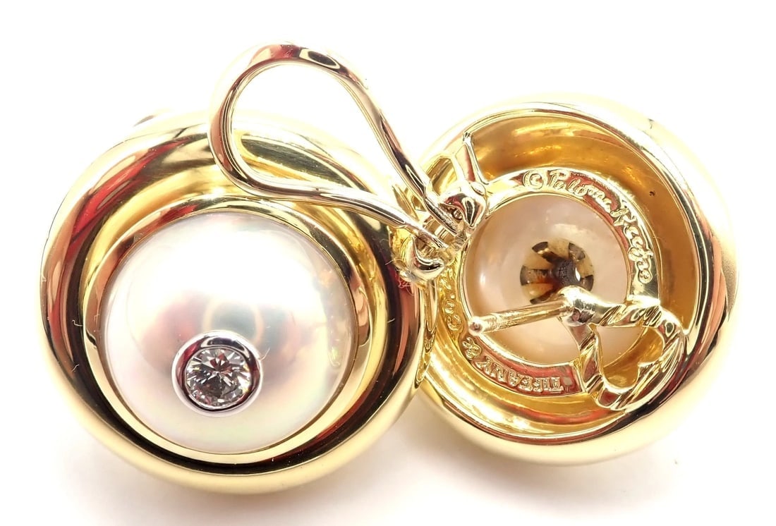 Authentic Tiffany & Co Picasso 18k Yellow Gold Diamond Mabe Pearl Earrings Paper - 9