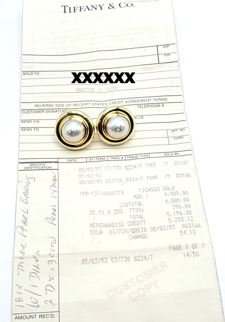 Authentic Tiffany & Co Picasso 18k Yellow Gold Diamond Mabe Pearl Earrings Paper - 10