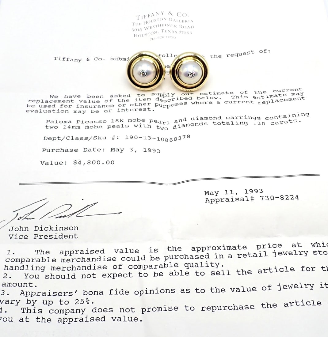 Authentic Tiffany & Co Picasso 18k Yellow Gold Diamond Mabe Pearl Earrings Paper - 11