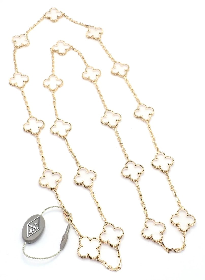 Van Cleef & Arpels 18k Yellow Gold 20 Motif Alhambra Rock Crystal Necklace Cert - 4