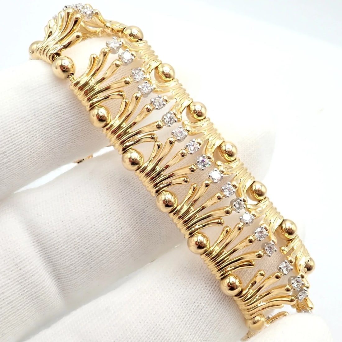 Tiffany & Co Jean Schlumberger 18k Yellow Gold Platinum Diamond Hands Bracelet - 7