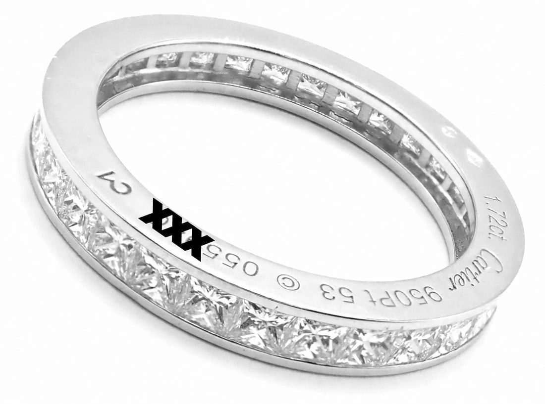 Cartier Platinum Princess Cut Diamond Eternity Band Ring Size 53 US 6.75 Paper: Cartier Platinum Princess Cut Diamond Eternity Band Ring Size 53 US 6.75 Paper About This Piece: About Cartier: The company has a long and distinguished history of serving royalty, as well as stars