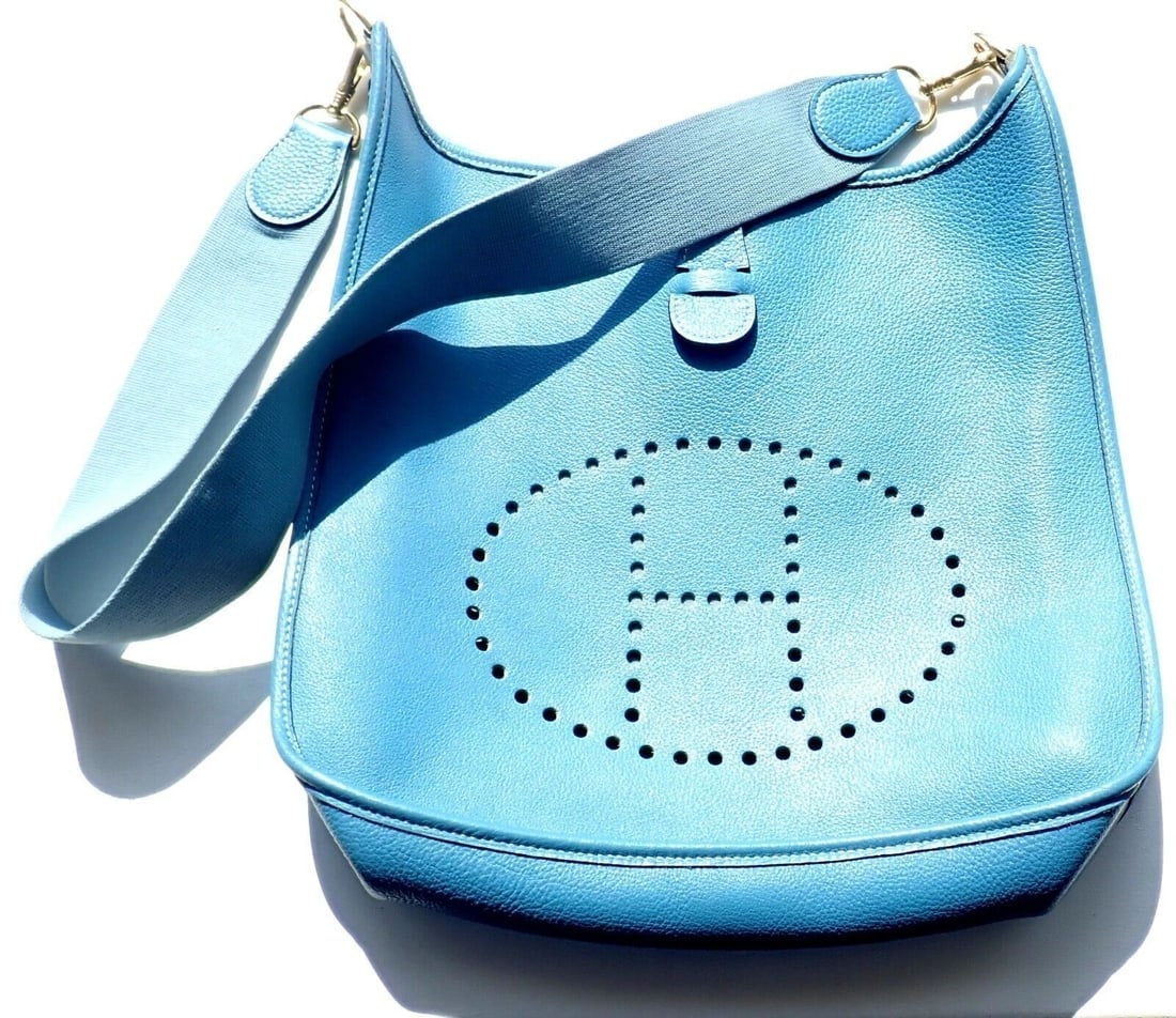 Authentic! Hermes Evelyne Blue Jean Courchevel GM Handbag Purse Gold Hardware - 6
