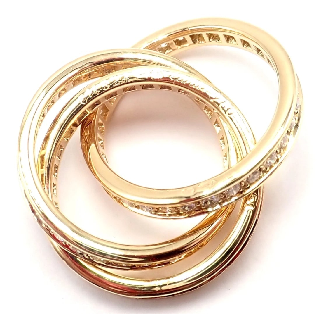 Authentic! Cartier 18k Yellow Gold Diamond Trinity Band Ring Size 5 3/4 Paper - 12