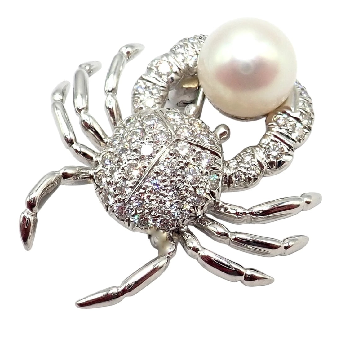 Rare! Authentic Tiffany & Co Platinum Crab 1.50ct Diamond 9mm Pearl Pin Brooch - 13