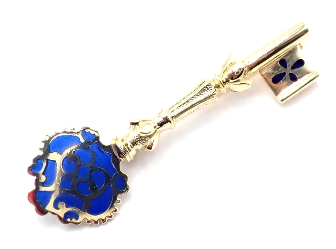 Rare! Authentic Vintage Mikimoto 18k Yellow Gold Key Blue Enamel Brooch Pin - 9