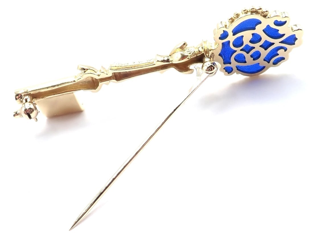 Rare! Authentic Vintage Mikimoto 18k Yellow Gold Key Blue Enamel Brooch Pin - 5
