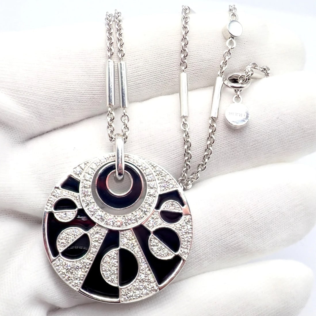 Authentic Bvlgari Bulgari Intarsio 18k White Gold 5ctw Diamond Onyx 18" Necklace - 5