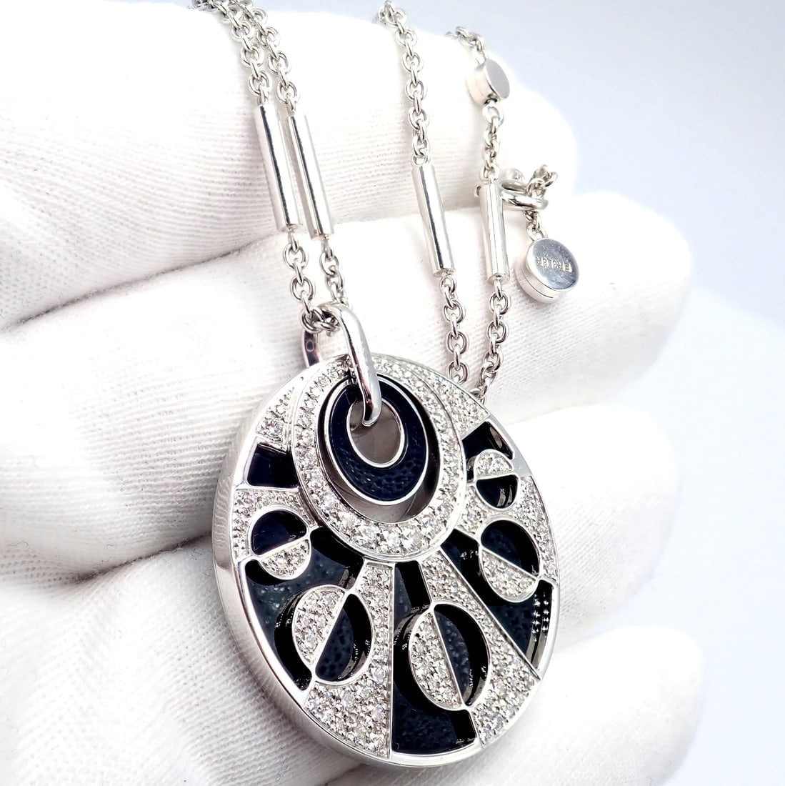 Authentic Bvlgari Bulgari Intarsio 18k White Gold 5ctw Diamond Onyx 18" Necklace - 8