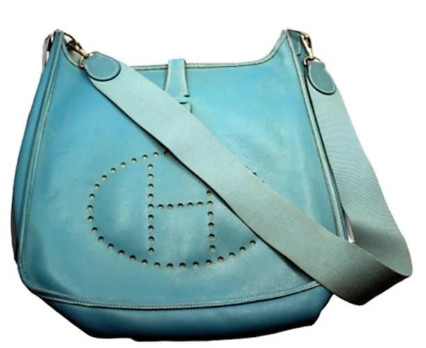 Authentic! Hermes Evelyne Blue Jean Epsom Leather PM Handbag Purse: Authentic! Hermes Evelyne Blue Jean Epsom Leather PM Handbag Purse About This Piece: Bag Hermes Evelyne Size: 12 inches x 11.25 inches x 3 inches Strap: 19" strap drop ALL MEASURES ARE APPROXIMATE
