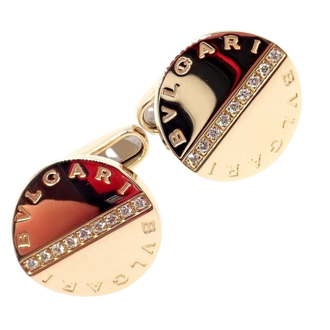 Authentic! Bvlgari Bulgari 18k Yellow Gold Diamond Classic Round Cufflinks: Authentic! Bvlgari Bulgari 18k Yellow Gold Diamond Classic Round Cufflinks About This Piece: These Bvlgari cufflinks are crafted in 18k yellow gold with a sleek, round design, accented by a diagonal