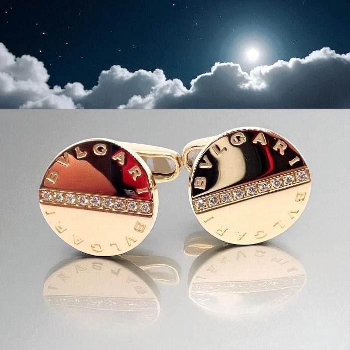 Authentic! Bvlgari Bulgari 18k Yellow Gold Diamond Classic Round Cufflinks - 2
