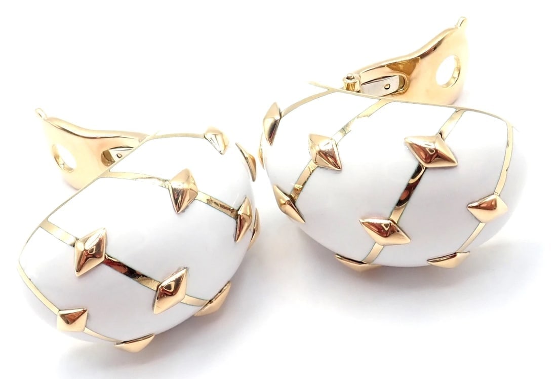 Tiffany & Co Schlumberger Dot Losange 18k Yellow Gold White Enamel Hoop Earrings - 9
