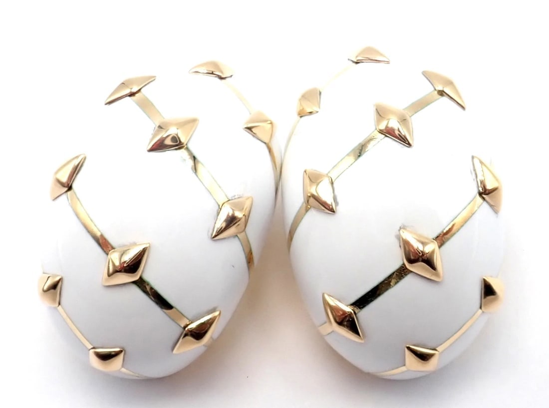 Tiffany & Co Schlumberger Dot Losange 18k Yellow Gold White Enamel Hoop Earrings - 14