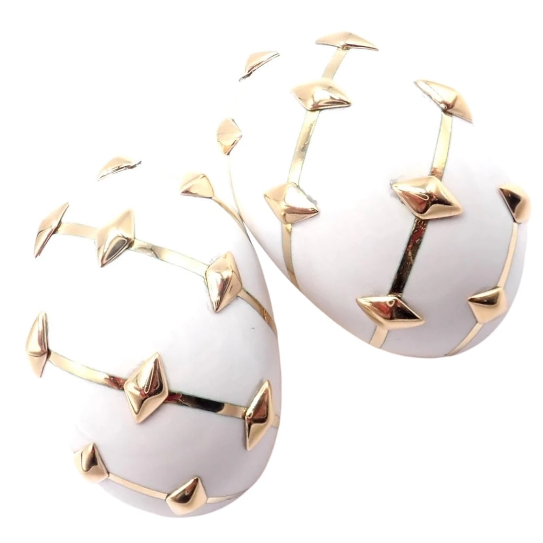 Tiffany & Co Schlumberger Dot Losange 18k Yellow Gold White Enamel Hoop Earrings: Tiffany & Co Schlumberger Dot Losange 18k Yellow Gold White Enamel Hoop Earrings About This Piece: This authentic Tiffany & Co. Jean Schlumberger Dot Losange hoop earrings is a masterpiece of design