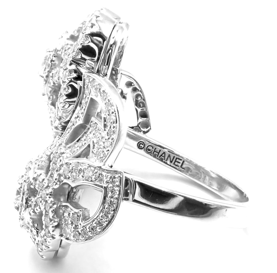 Authentic! Chanel Camellia Two Flower 18k White Gold Diamond Ring - 9