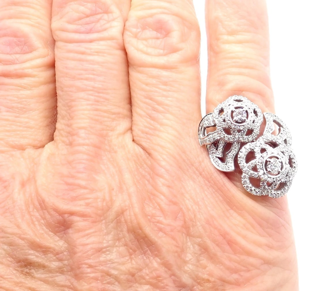 Authentic! Chanel Camellia Two Flower 18k White Gold Diamond Ring - 11