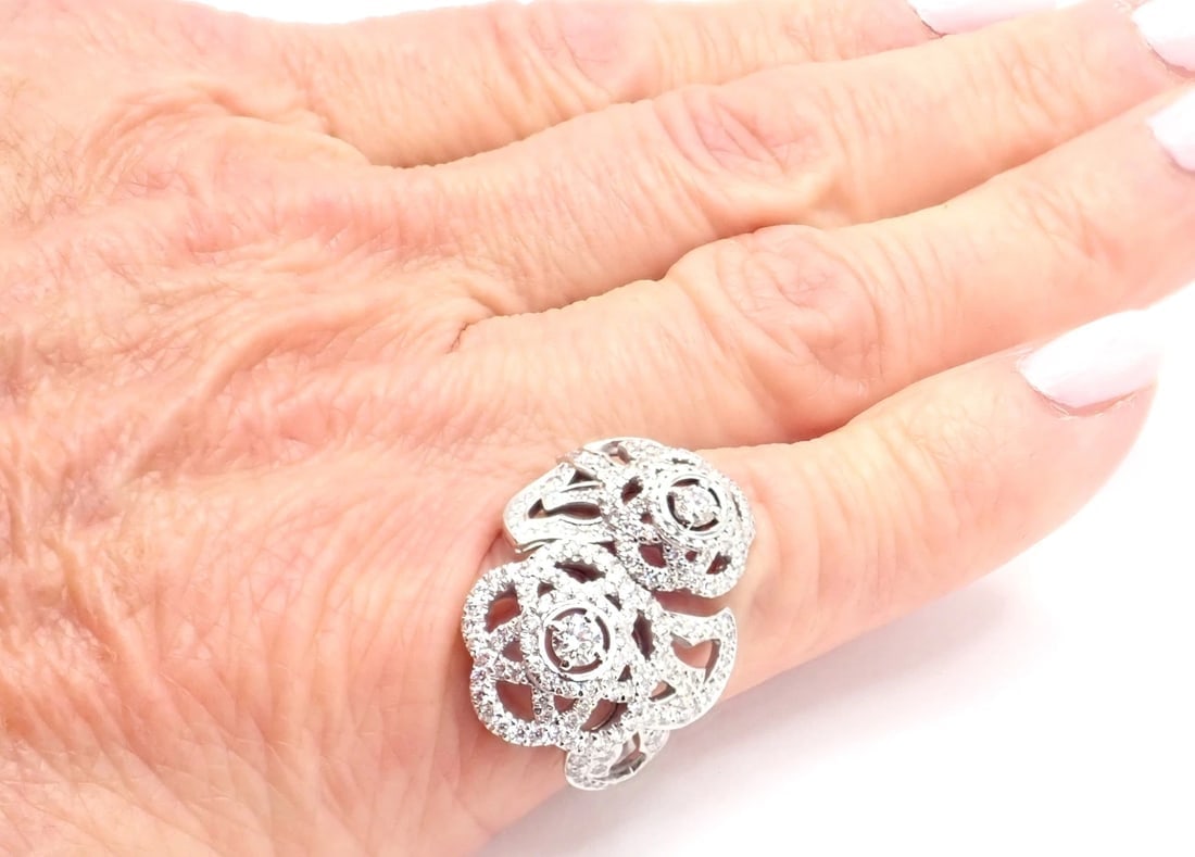 Authentic! Chanel Camellia Two Flower 18k White Gold Diamond Ring - 12