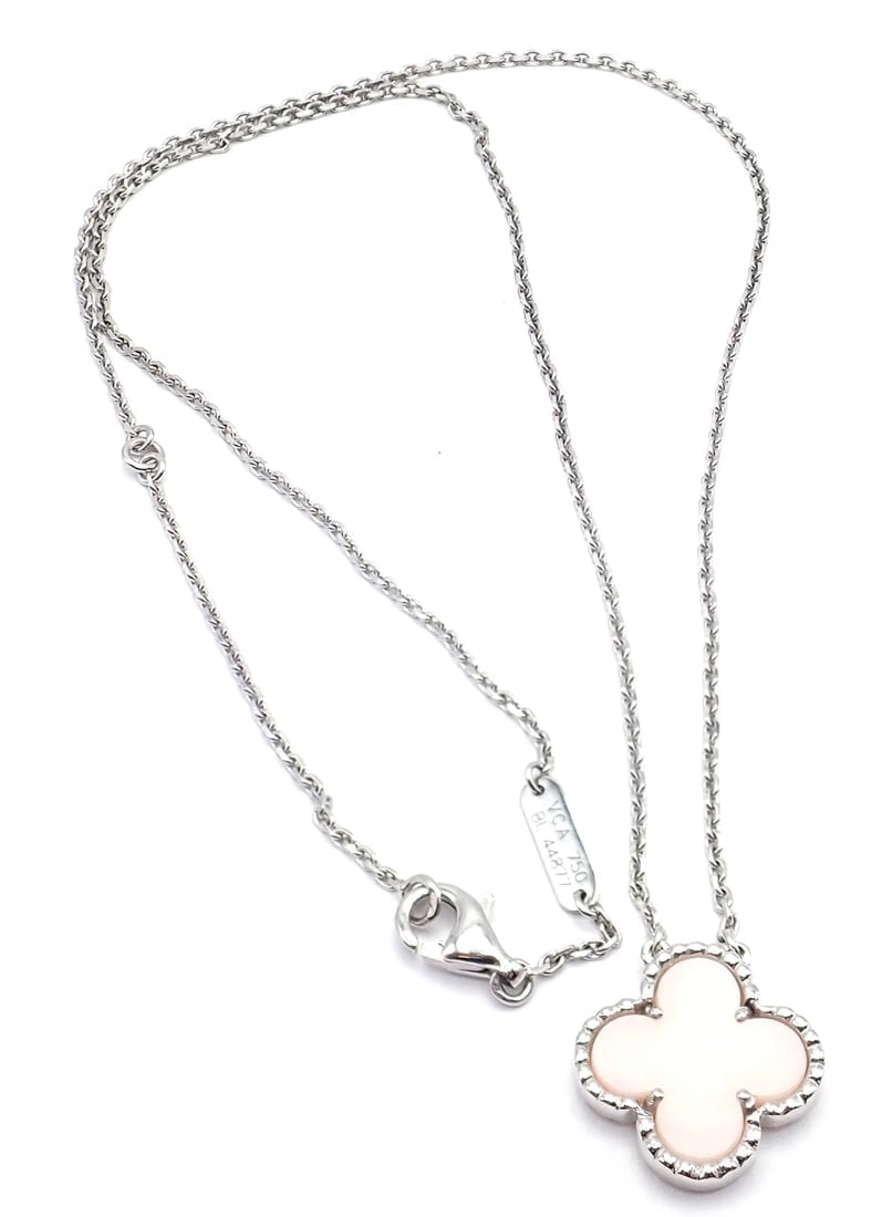 Authentic! Van Cleef & Arpels Alhambra 18k White Gold Pink Opal Necklace Cert. - 9