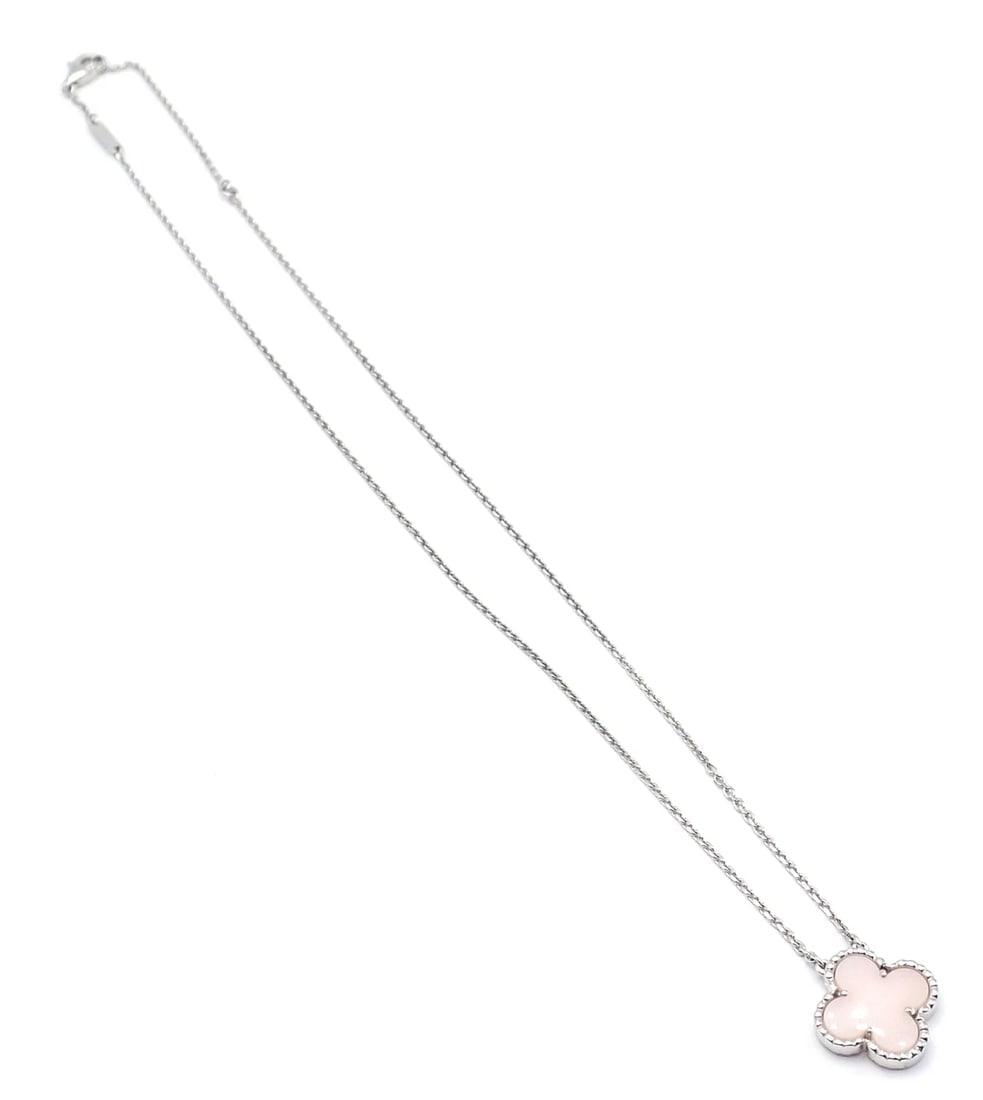 Authentic! Van Cleef & Arpels Alhambra 18k White Gold Pink Opal Necklace Cert. - 7