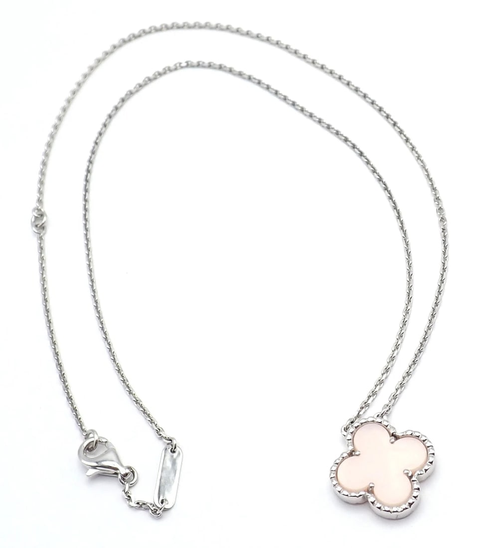 Authentic! Van Cleef & Arpels Alhambra 18k White Gold Pink Opal Necklace Cert. - 8
