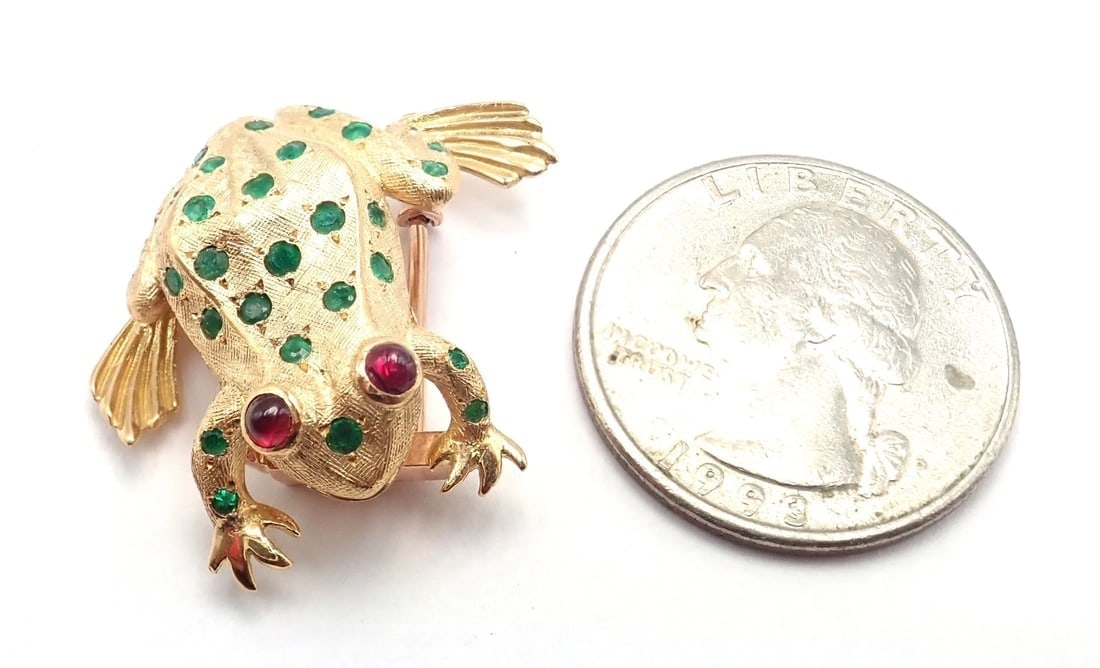 Vintage! Tiffany & Co. France 20k Yellow Gold Ruby Emerald Frog Pin Brooch - 12