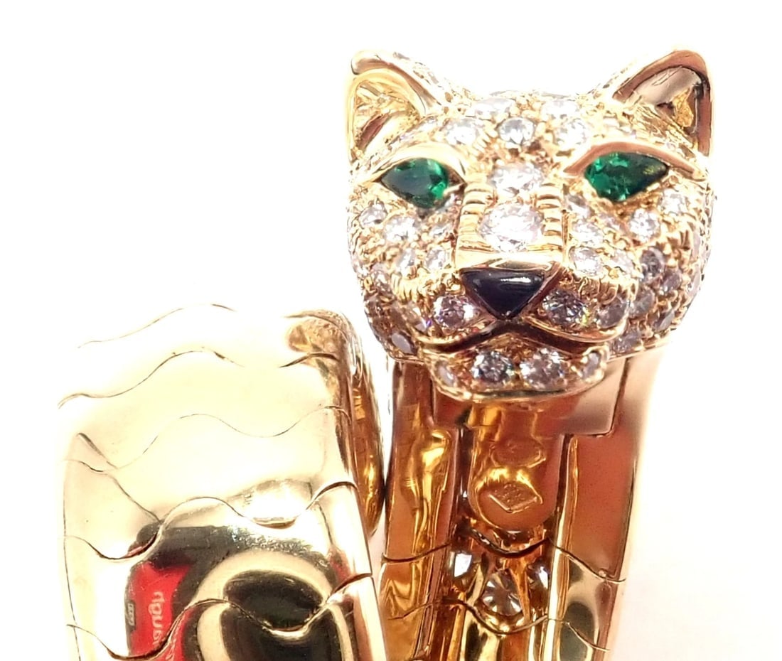 Authentic! Cartier Panther 18k Yellow Gold Diamond Emerald Onyx Band Ring - 9