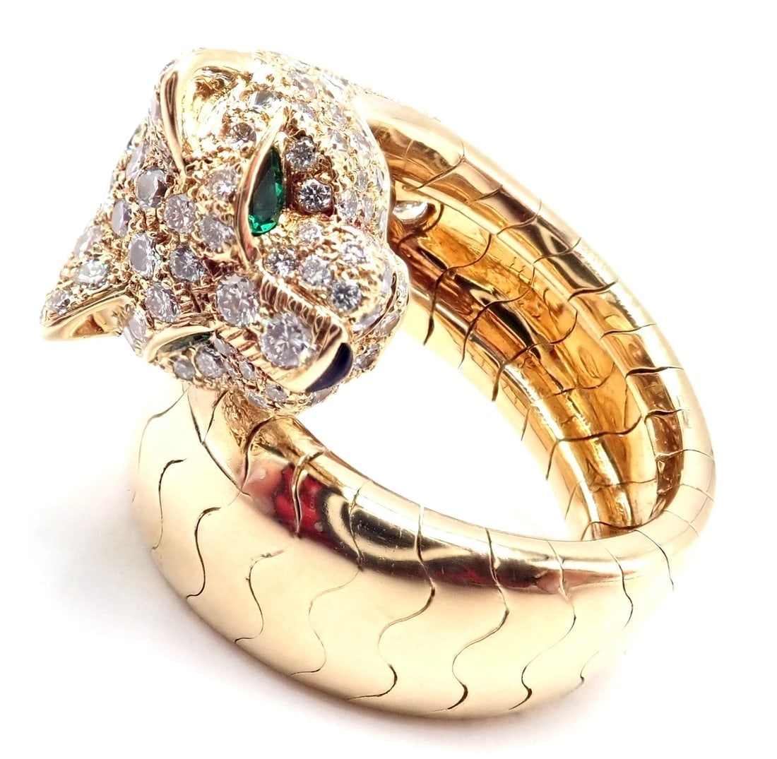 Authentic! Cartier Panther 18k Yellow Gold Diamond Emerald Onyx Band Ring - 3
