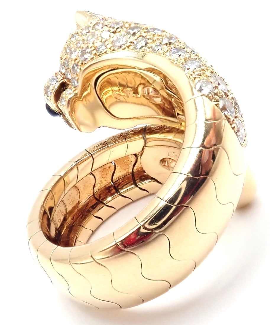 Authentic! Cartier Panther 18k Yellow Gold Diamond Emerald Onyx Band Ring - 5