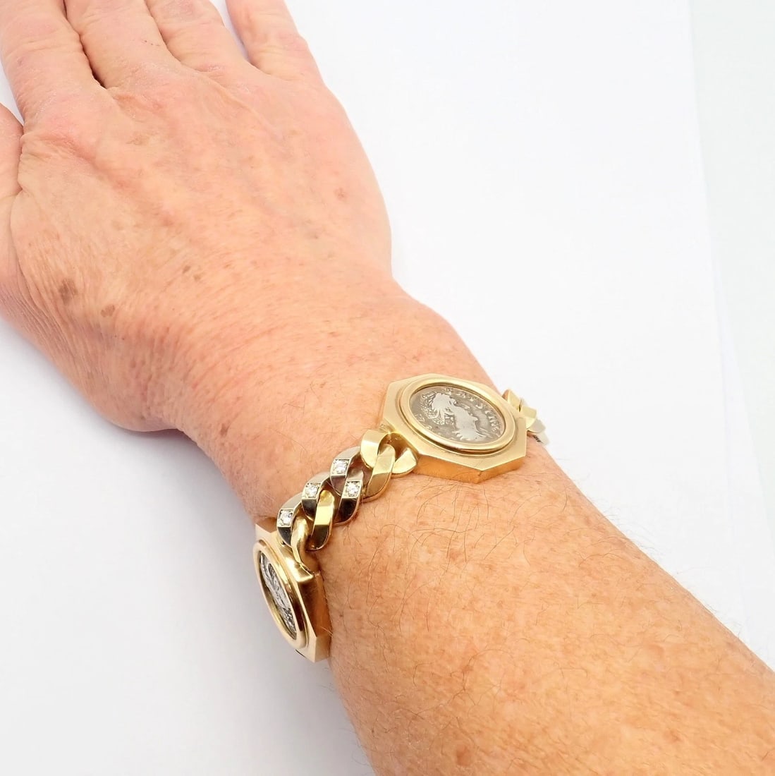 Rare! Bvlgari Bulgari 18k Gold Diamond Monete Antique Large Coin Link Bracelet - 10