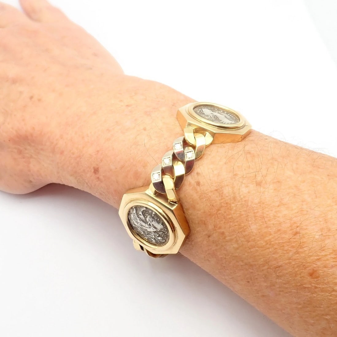 Rare! Bvlgari Bulgari 18k Gold Diamond Monete Antique Large Coin Link Bracelet - 11