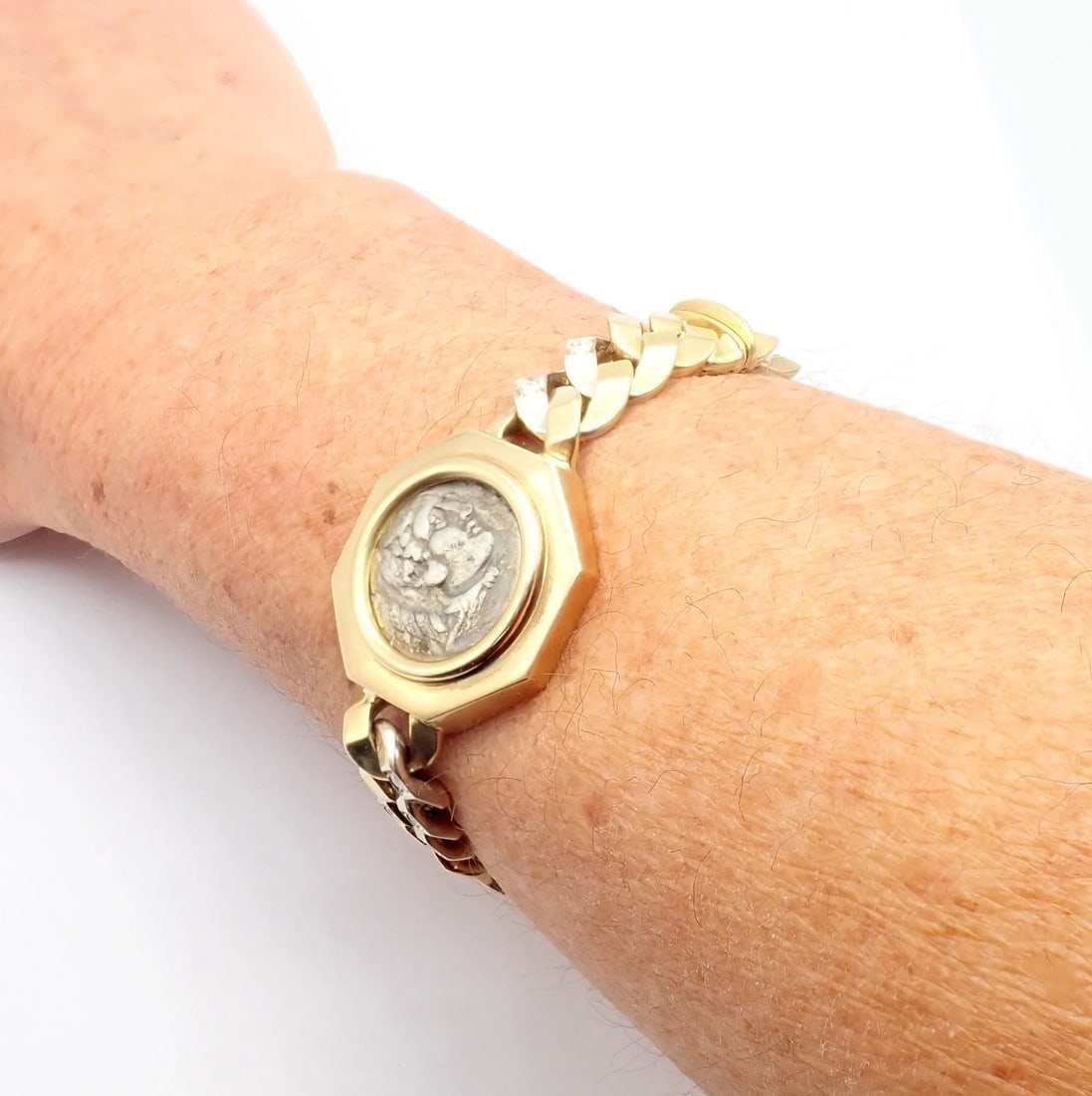 Rare! Bvlgari Bulgari 18k Gold Diamond Monete Antique Large Coin Link Bracelet - 12