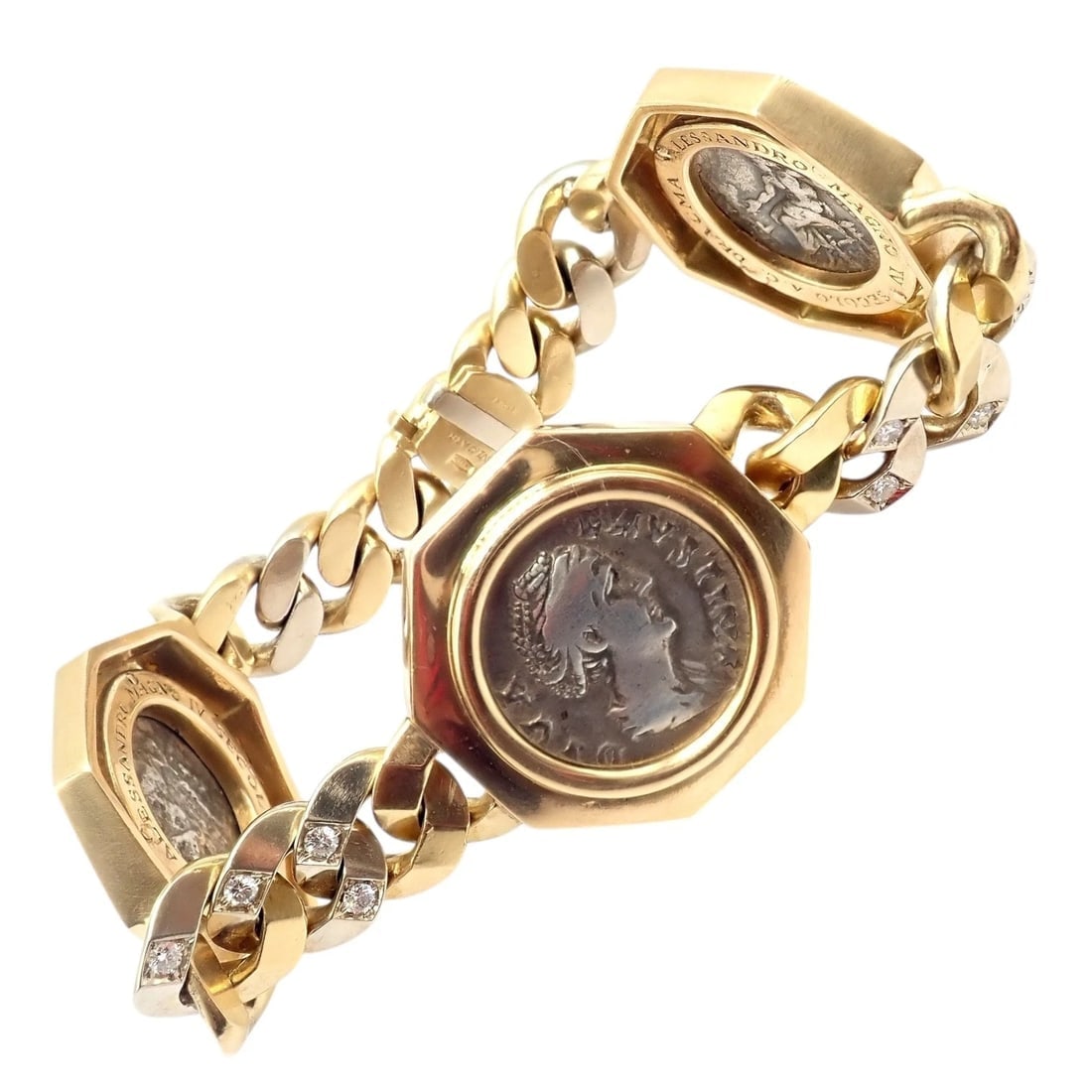 Rare! Bvlgari Bulgari 18k Gold Diamond Monete Antique Large Coin Link Bracelet: Rare Bvlgari 18k yellow and white gold Monete bracelet showcasing three ancient coins framed in bold octagonal bezels. Alternating gold links accented with sparkling diamonds create luxurious
