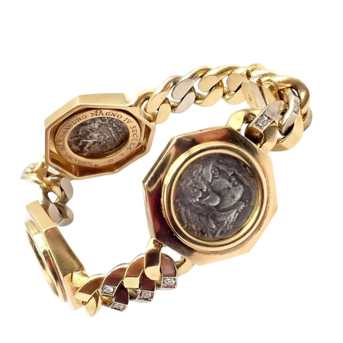 Rare! Bvlgari Bulgari 18k Gold Diamond Monete Antique Large Coin Link Bracelet - 3