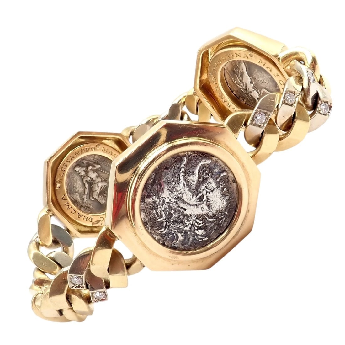 Rare! Bvlgari Bulgari 18k Gold Diamond Monete Antique Large Coin Link Bracelet - 4