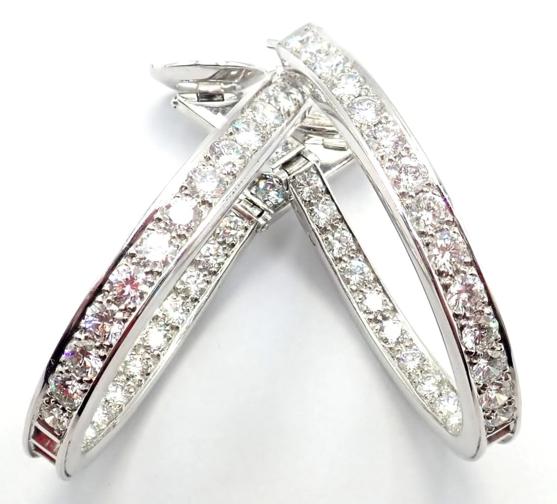Authentic! Van Cleef & Arpels 18k White Gold Diamond Large Hoop Earrings - 10