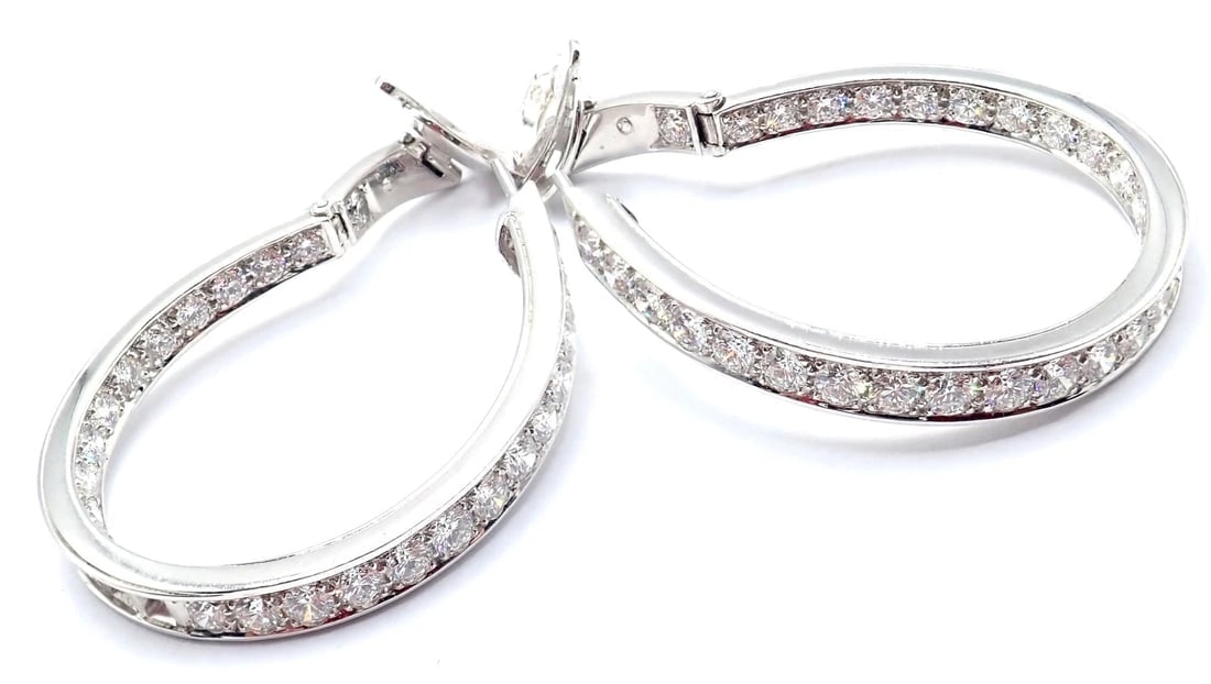 Authentic! Van Cleef & Arpels 18k White Gold Diamond Large Hoop Earrings - 12