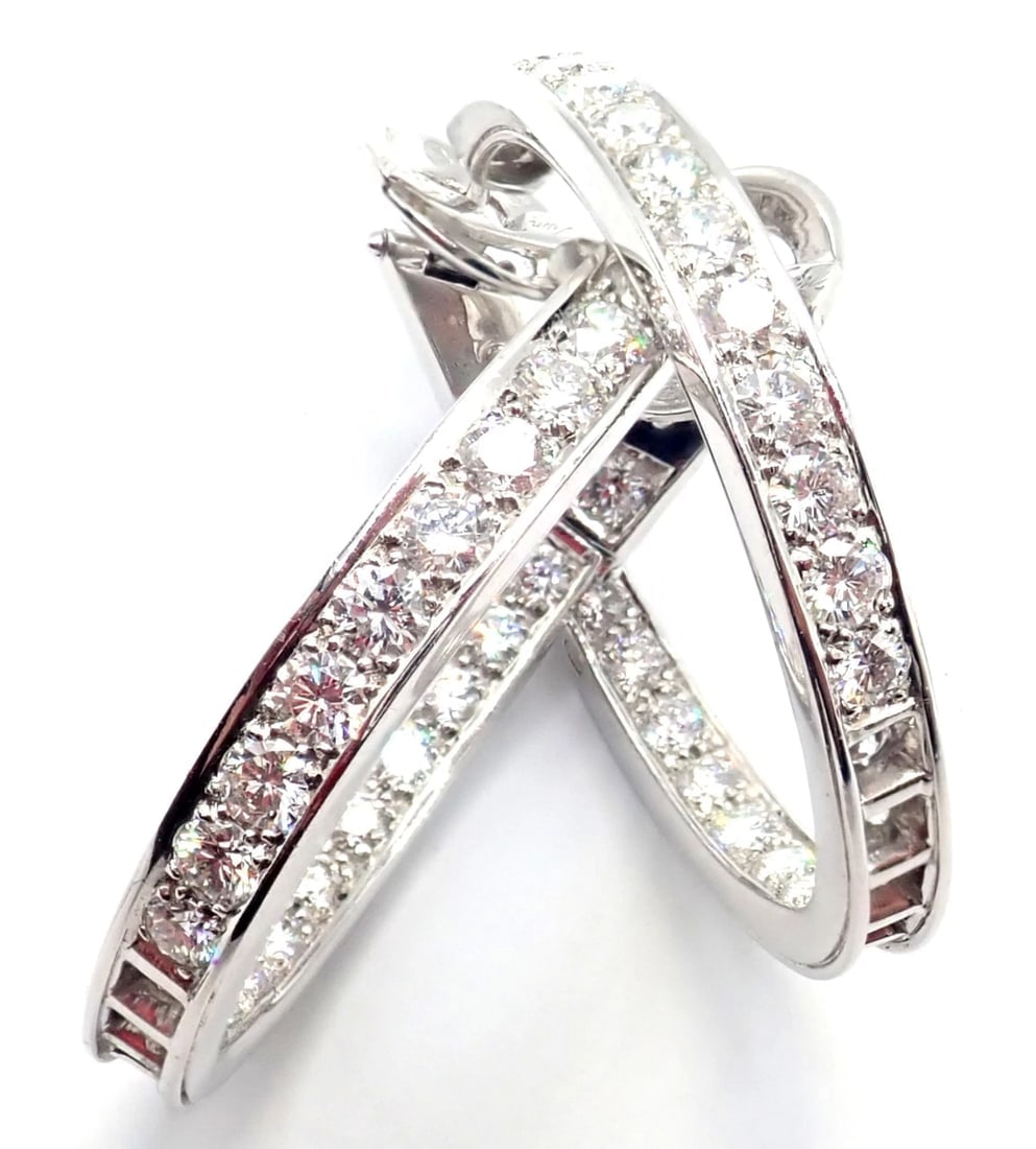 Authentic! Van Cleef & Arpels 18k White Gold Diamond Large Hoop Earrings - 16