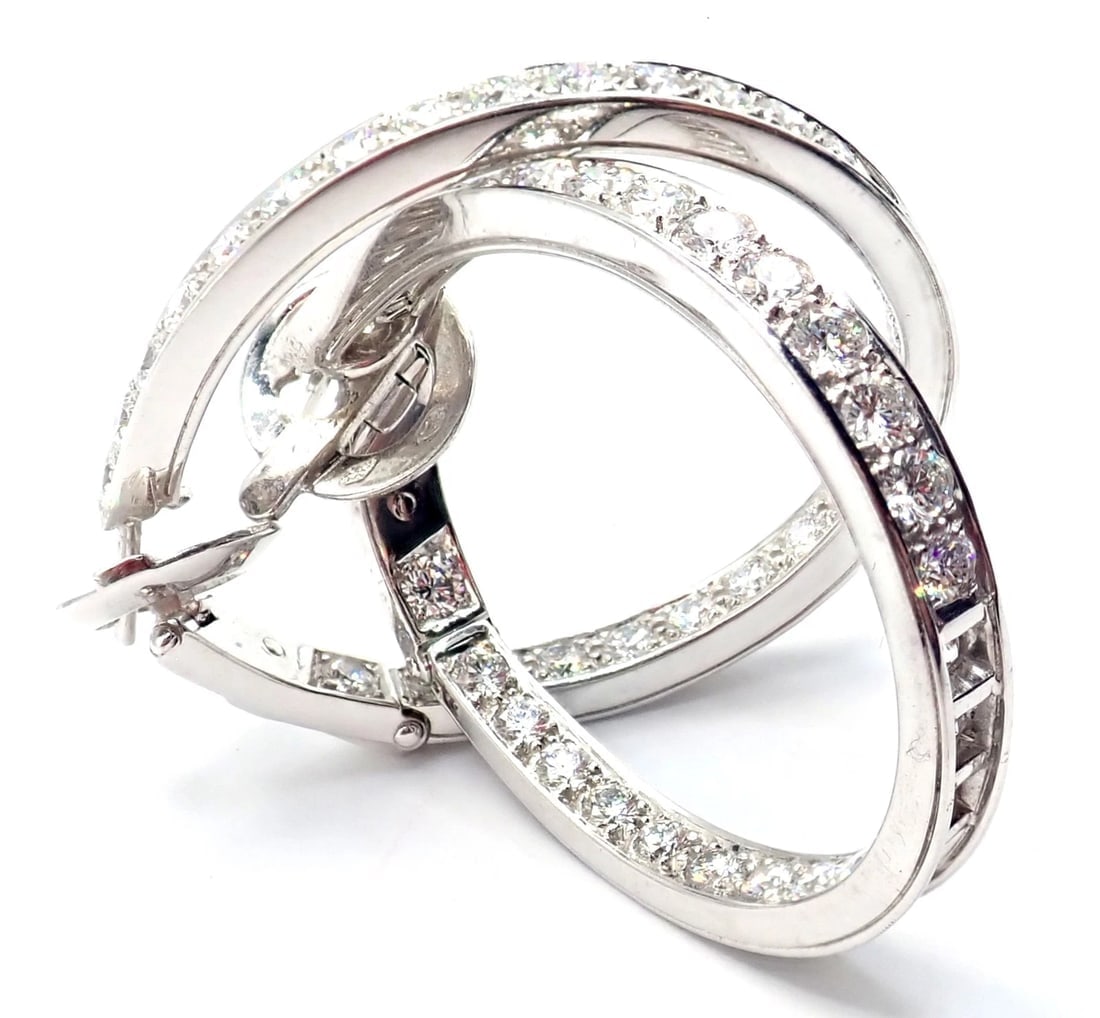 Authentic! Van Cleef & Arpels 18k White Gold Diamond Large Hoop Earrings - 17